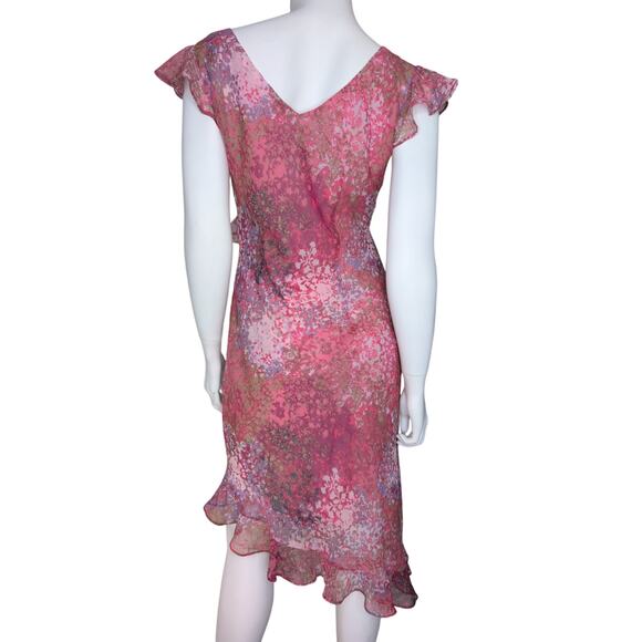 Breakin Loose Y2K 90s Pink Ruffle Chiffon Dress 4 Asymmetric Hem Coquette Fairy - Picture 2 of 6